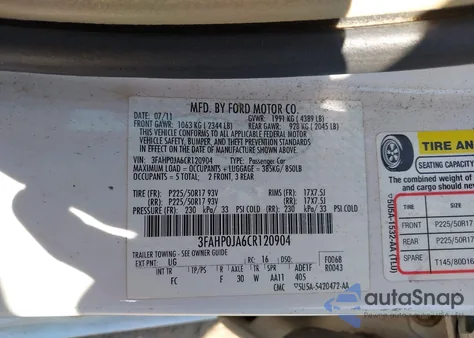 2012 Ford Fusion Sel z USA, uszkodzony, nr VIN 3FAHP0JA6CR120904